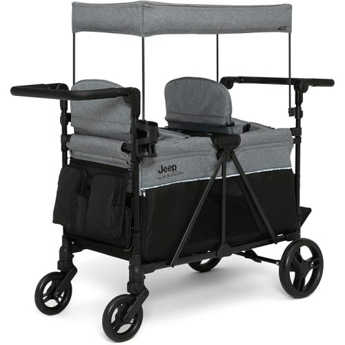Delta Children - Jeep Aries Stroller Wagon - Premium Wagon for 2 Kids with Convertible Seats, Adjustable Push/Pull Handles, Removable Canopy & Flat Fold - Greenguard Gold Certified, Grey