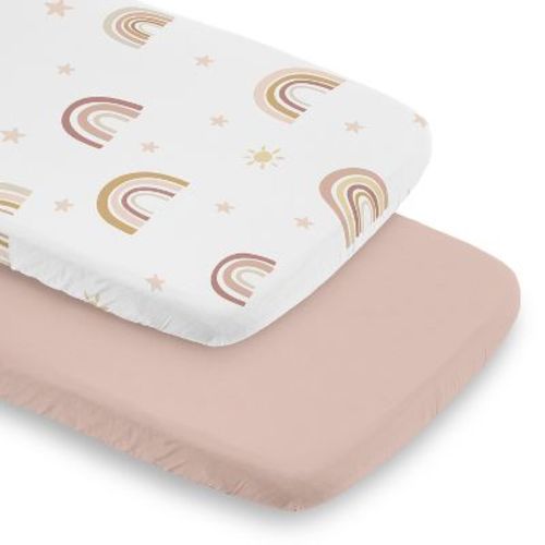 Sweet Jojo Designs Girl Baby Bassinet Fitted Sheets Set Boho Rainbow Pink Yellow And Tan 2pc
