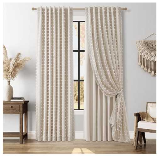 100% Blackout Boho Beige Curtains 84 Inch Long for Bedroom 2 Panel Double Layer Pom Pom Sheer Back Tab Thermal Insulated Drapes Rustic Farmhouse Cottage Room Darkening Window Curtain 52x84