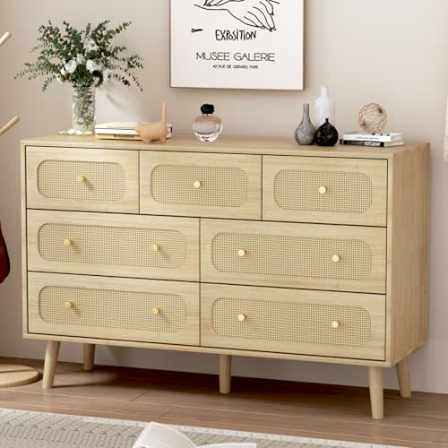 HOUROM Natural Wood 7 Drawer Rattan Dresser with Gold Handles, Boho Wood Durable Storage Cabinet Dressers & chests of Drawers for Bedroom
