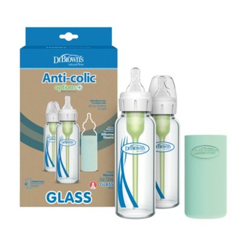 Dr. Brown's Anti-Colic Glass Baby Bottle, 8oz Options+ with Slow Flow Nipple, Silicone Sleeve, 2pk