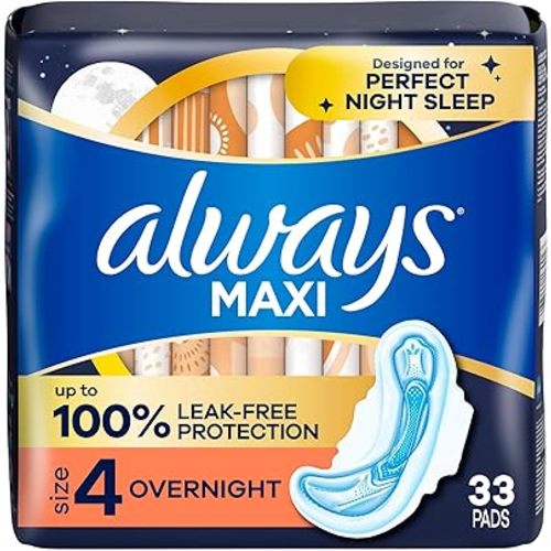 Always Maxi Overnight Pads with Wings for Women, Size 4, Overnight Absorbency, Unscented, 33 Count (Packaging May Vary)