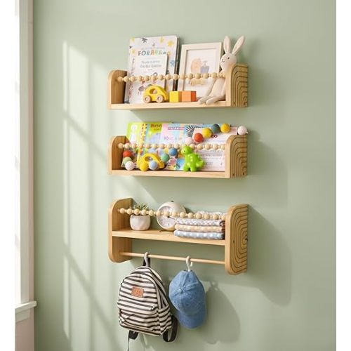 SAG's store Floating Nursery Shelves - Set of 3 Natural Wood Wall-Mounted Bookshelves for Kids Room, Baby Room, Nursery Decor - 15.7" Wide, Solid Wood Shelves for Books, Toys, and Decor Storage
