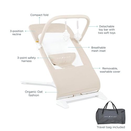 Baby Delight Alpine Deluxe Portable Bouncer, Infant, 0-6 Months, 100% GOTS Certified Cotton Fabrics, Organic Oat
