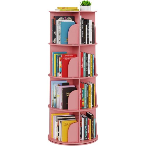 SpaceAid 4 Tier Rotating Bookshelf Tower, Spinning Bookcase Lazy Susan, Revolving 360 Book Shelf Storage Round Carousel, Vertical Rotate Turning Spiral Corner Organizer, Pink