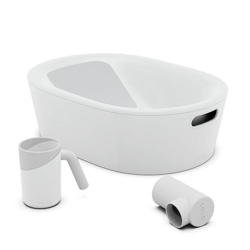 Lalo Bathtime Starter Kit - Modern Baby Bathtub, Rinse Cup & Spout Cover Bundle, Safe & Clean Design for Newborns, Minimalist Design, Easy to Clean, 25.3 x 18 x 7.7 in, 10 lb - Coconut