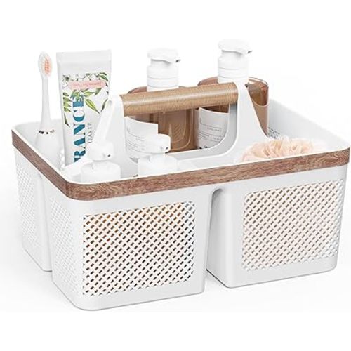 Portable Shower Caddy Small: Plastic Bathroom Caddy Organizer with Handle and Holes, Cleaning Caddy, Hard Shower Basket Storage Tote for Toiletry, College Dorm Room Essentials White/Wood Grain