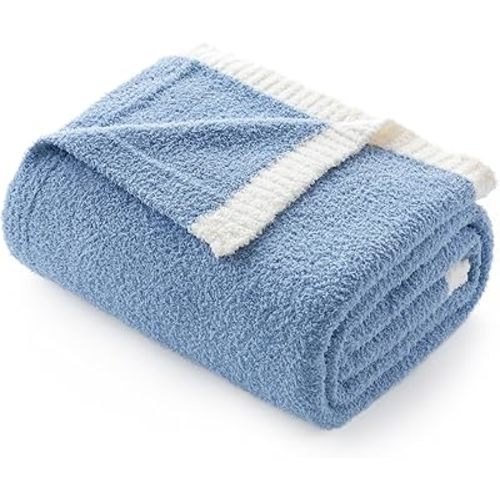 Snuggle Sac Ultra Soft Throw Blanket for Couch Bed Sofa 50x60 inches, Reversible Blue Blanket Microfiber Fluffy Fuzzy Cozy Knit Throws for Women Mothers Birthday Gifts