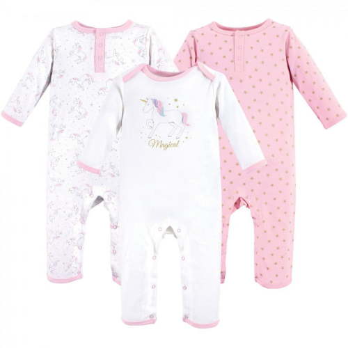 Hudson Baby Infant Girl Cotton Coveralls 3pk, Magical Unicorn, 3-6 Months