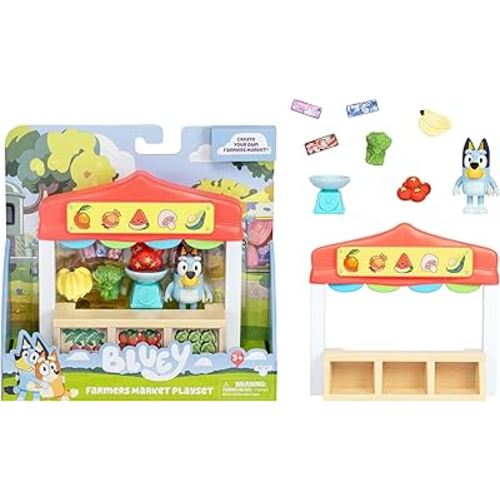 Bluey Mini Playsets Farmers Market Playset | includes Articulated Figure with Shopping Bag and Accessories | with Dollarbucks
