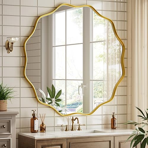 Round Wavy Mirror - 24 Inch Bathroom Vanity Mirror Metal Frame Circle Wall Mounted Mirror for Bedroom Living Room Entryway, Gold