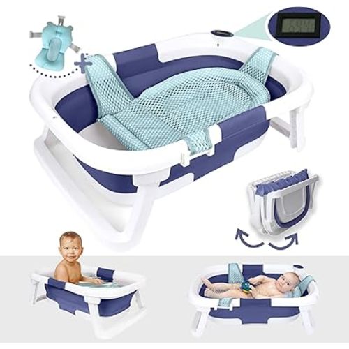 BEBELEH™ Collapsible Baby Bathtub with Thermometer – Bathtub + Baby tub Sling + Newborn Sling – Baby Bathtub Newborn to Toddler 0-24 Months – The Ultimate Baby Bath tub! (with Thermometer,Blue)