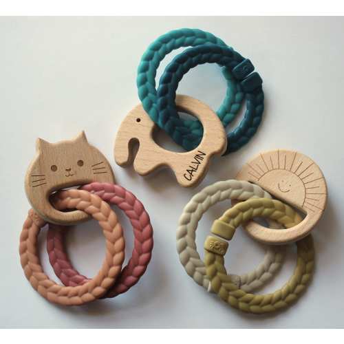 All Natural Wooden Rattle with Colorful Rings Teether