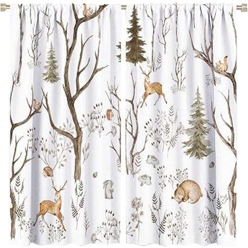 JESTRONRY Forest Animal Curtains,Watercolor Forest Wildlife Animal Deer Bear Branches Rod Pocket Window Door Curtains for Kids Bedroom Living Room Home Decor W52xL84in