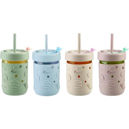 PandaEar 4-Pack Kids & Toddler Glass Mason Jar Cups 8.45oz with Silicone Sleeves & Straws, Spill-Proof