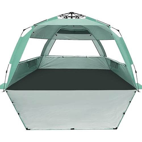 WhiteFang Deluxe Pop Up Beach Tent Sun Shade Shelter for 3-4/5-6 Person, UV Protection, Extendable Floor with 3 Ventilating Windows Plus Carrying Bag, Stakes, and Guy Lines