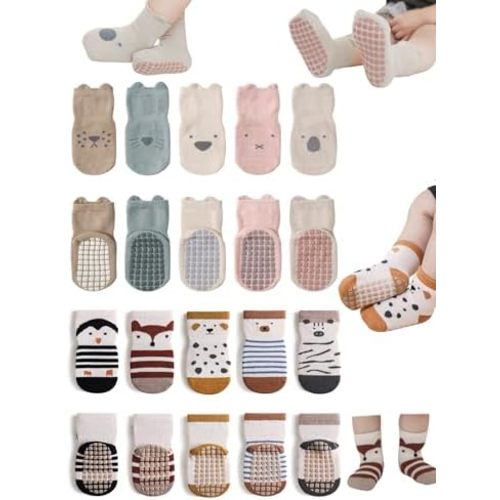 Toddler Non-Skid Socks with Grips Baby Girls Boys Anti-Slip Crew Cartoon Socks for Infants 10 Pairs