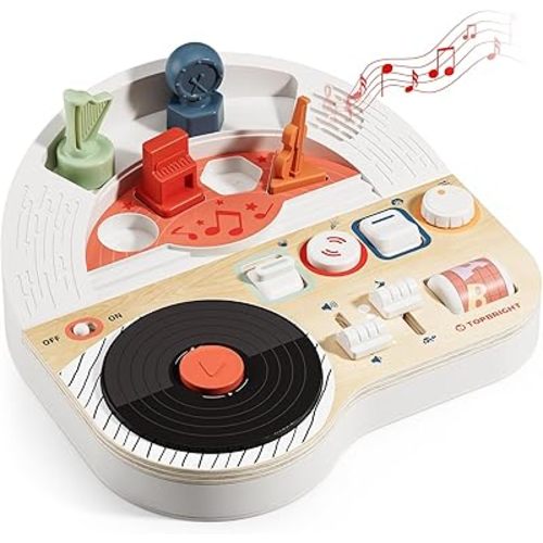 TOP BRIGHT DJ Music Busy Board - Wooden Toddler Toys for Boys and Girls,Montessori Sensory Toy with 14 Activities with Sound Blocks, Portable Travel Toy for 18M+