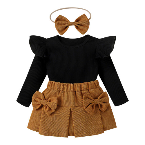 IWEMEK Infant Girls Outfit Winter Ruffle Long Sleeve Knitted Shirts Coffee Bowknot Mini Skirts School Clothes 3-12M