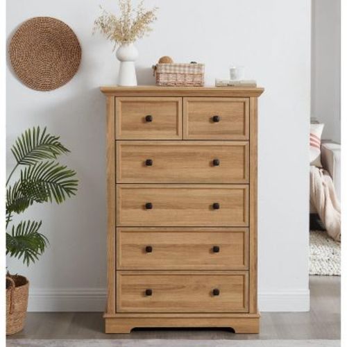 Farmhouse Modern 6 Drawer Dresser, Anti Toppling Devices Dressers For Bedroom, 47 Inch Tall Chest Of Drawers, Oak-Cuddlewood
