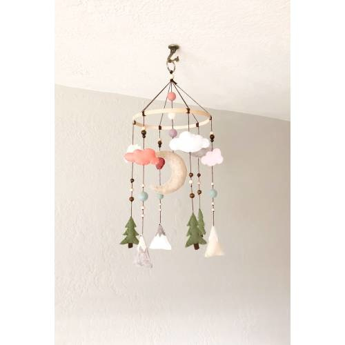 Felt mountain woodland mobile; Girl nursery decor; pastel sunset rustic decor; Coral, Rose, and neutral nursery