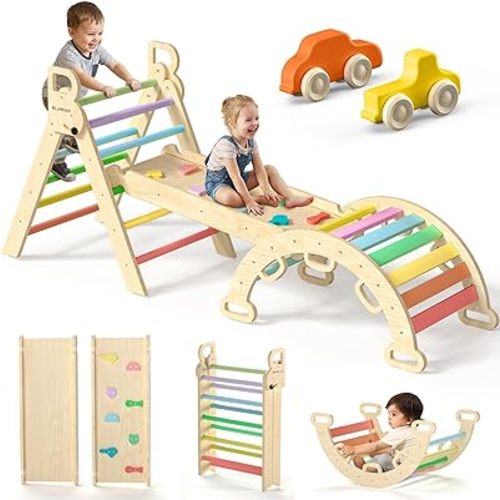 BlueWood Pikler Triangle Set 7in1 Foldable Baby Climbing Toys Wooden Montessori Climbing Set with Arch&Ramp&Ladder Baby Climber Indoor Jungle Gyms for Toddlers Montessori Toys - Colorful