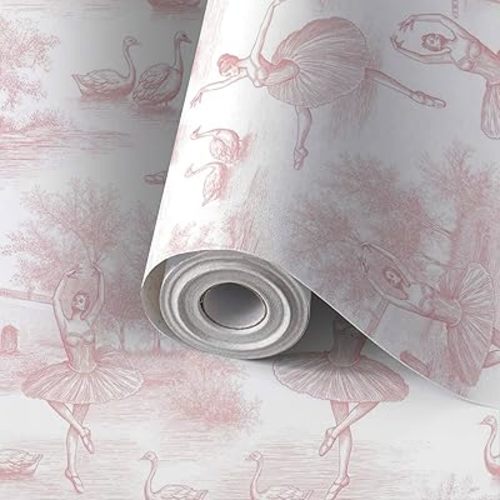 Peel and Stick Wallpaper Self Adhesive Wall Mural Pink Toile Ballerina Swan Contact Paper Renter Friendly Wallpaper for Kitchen Nursery Bedroom 17.7"x118"