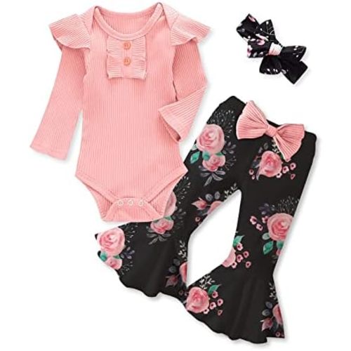Kislio Newborn Baby Girls Clothes Ribbed Ruffled Romper+Floral Pants+Headband Infant Outfit Set
