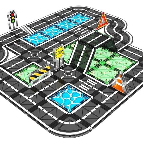 Magnetic Tiles Roads Construction Toys, Traffic Themed Building Blocks Set, Toddler Kids Toys for 3+ Year Old Boys Girls, Montessori STEM Sensory Toys, Preschool Learning Educational Toys Gifts