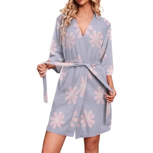 Ekouaer Robes for Women Waffle Knit Bathrobe Soft Lightweight Knee Length Loungewear S-XXL