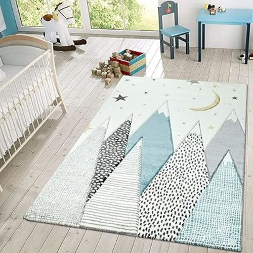Paco Home Kids Rug for Childrens Room Mountains Starry-Sky in Light Blue Gray White, Size: 4'7" x 6'7"