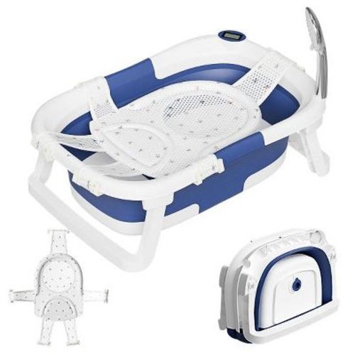 Napei Collapsible Baby Bathtub for Infants and Toddlers, with Bath Net and Thermometer-Blue