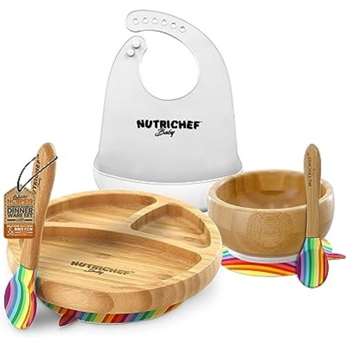 NutriChef Baby and Toddler, 3 compartment plate, bowl, and spoon feeding set- silicone suction, Non-toxic all natural Bamboo baby food plate with silicone bib (Rainbow), Small