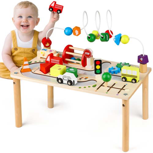 UQN Montessori Toys for 1 2 3 4 Year Old, 7 in 1 Baby Toys for 6-18 Months, Wooden Toddler Activity Table, Kids Traffic Sensory Table, Learning Gifts for Baby Girls Boys, Christmas Birthday Gift