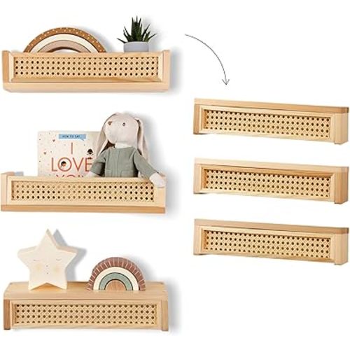 Rattan Floating Shelf Set of 3, Nursery Book Shelves for Wall Decor in Boho Style, Wall Shelf for Kids, Baby Bookcase for Nursery, Floating Book Shelves for Playroom, Wicker Wall Shelf