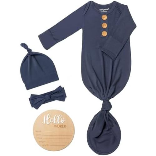 Soft Baby Knot Gown 0-3 Months, Newborn Announcement Sleepers With Mitten Cuffs and Personalized Wooden Name Tag