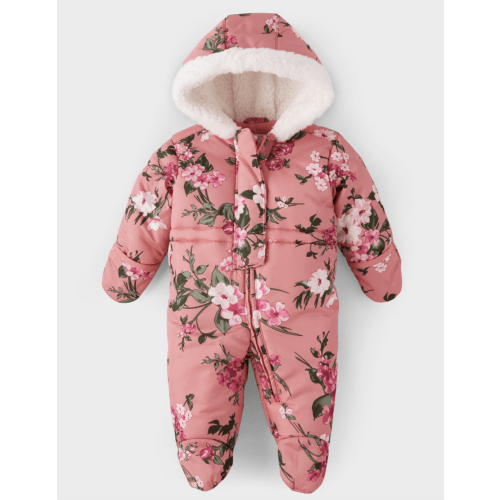 Baby Girls Long Sleeve Floral Faux Fur Hooded Snowsuit - PINK