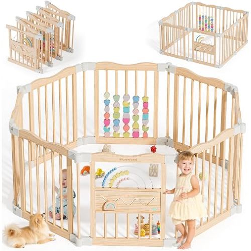 Foldable Wooden Baby Playpen, 45 x 45 x 24 inches, Pastel Dream, Natural