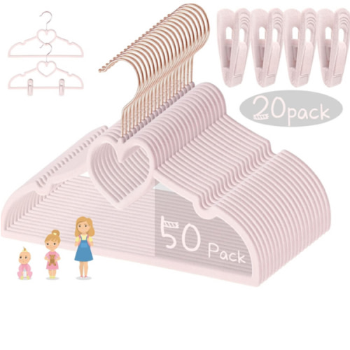 Pink Heart Velvet Baby Hangers - 50pack 13inch Toddler Hangers with 20pcs Clips,Ultra Slim and Stackable Space Saving