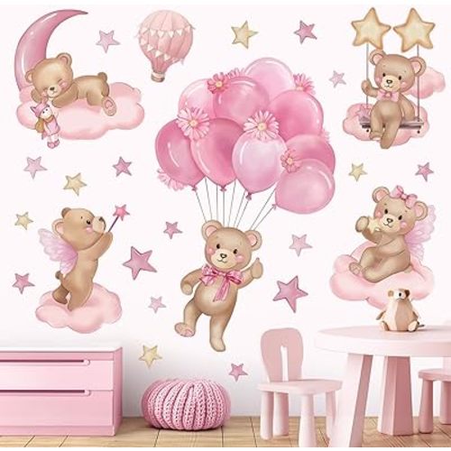 wondever Pink Balloon Bear Wall Stickers Hot Air Balloon Animals Clouds Stars Peel and Stick Wall Art Decals for Baby Nursery Kids Girls Bedroom