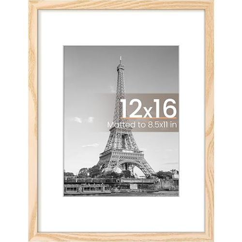 upsimples 12x16 Picture Frame, Display Pictures 8.5x11 with Mat or 12 x 16 Without, Wall Hanging Poster Frames, Natural, 1 Pack