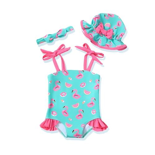 Renotemy Baby Girl Swimsuit Toddler Girls One-Piece Swimsuit Summer Beach Bikini Girl Bathing Suits with Hat 0-24 Month
