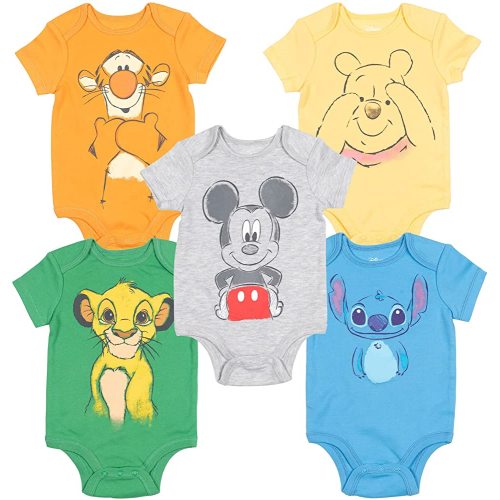 Disney Mickey Mouse Lion King Winnie the Pooh Pixar Toy Story Finding Nemo Baby 5 Pack Bodysuits Newborn to Infant