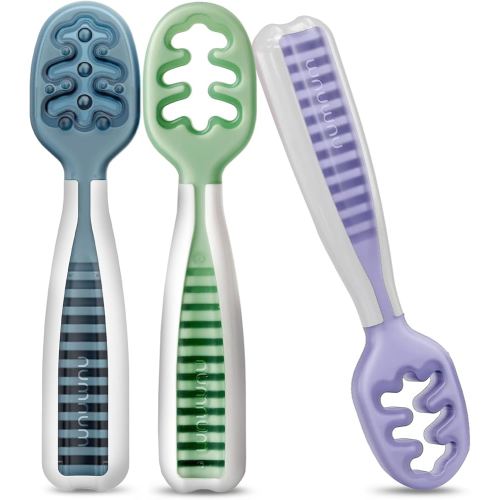 NumNum Baby Spoons Set, Baby Essentials Pre-Spoon GOOtensils for 6+ Months, First Stage Self-Feeding Spoons for Baby Led Weaning (BLW), Silicone Toddler Utensils, BPA-Free, 3 Pack Nature Friends