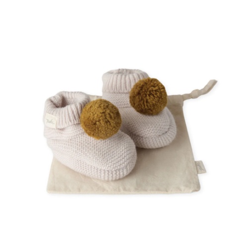 Wool Knit Pom Pom Bootie - Natural/Ochre, 6-12m