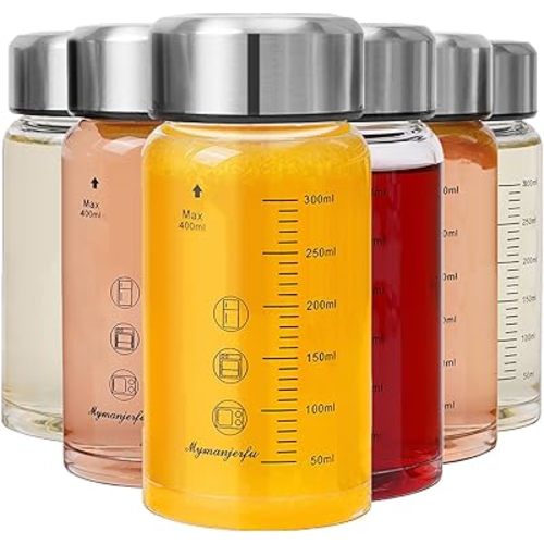 Glass Juice Bottles 6 Pack 12 oz - Wide Mouth Glass Water Bottles with Lids - for Juicing, Smoothies, Milk, Protein, BPA Free, Reusable, Stainless Steel Lids, Leak Proof, Shaker bottle (12oz/400ml)