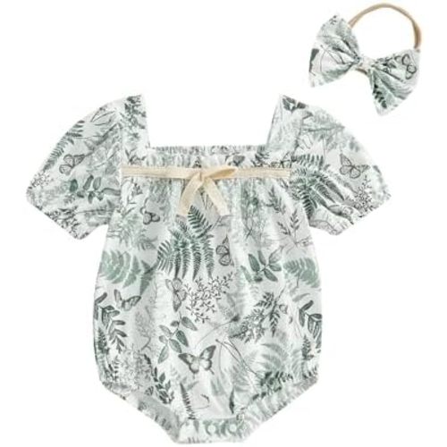 Bagilaanoe Summer Outfit Infant Baby Girl Clothes Short Sleeve Romper Floral Bodysuit Jumpsuit Headband Set