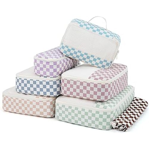 Narwey 7 Set Checkered Packing Cubes for Travel Carry on Suitcase Luggage Organizer Bags for Kids Women Men, Durable Packing Organizers Bag, Travel Essentials Accessories (Combined Checkerboard)