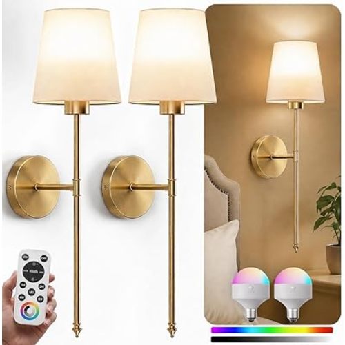 Wall Sconces Battery Operated Set of 2, Rechargeable Wall Sconce, 10 Colors Wireless Wall Sconces Set of Two, 5200mAh Dimmable Bulbs and Remote, for Bedroom Living Room, Hallway Decor (Gold - 24 inch)
