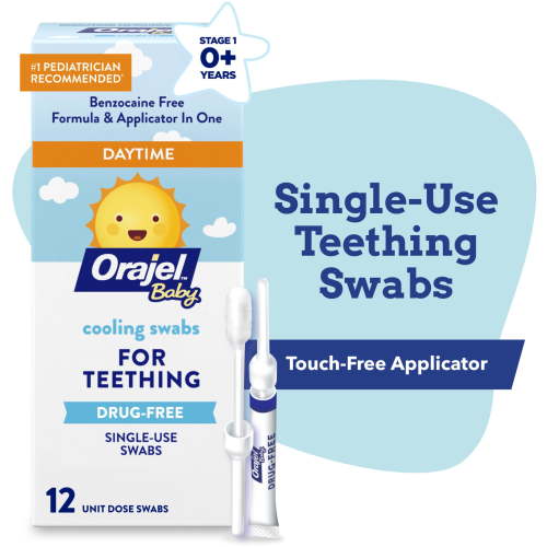 Orajel Baby Teething Cooling Swabs, Daytime, for Relief of Painful Swollen Gums, Drug-Free, 12 Swabs